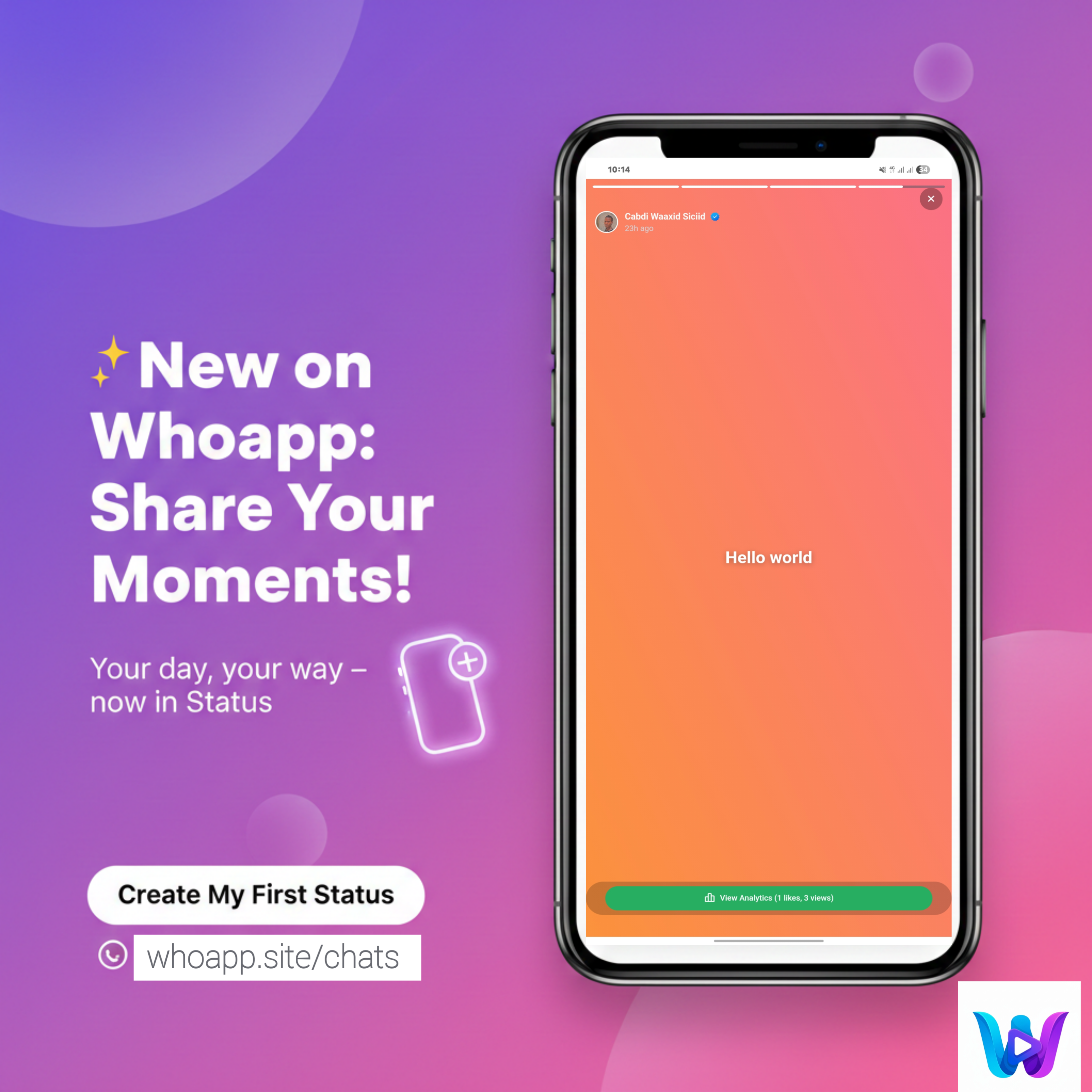 The wait is over! You can now share your day, thoughts, and favorite moments using the brand-new Status feature on Whoapp Somali. ​Whether you want to share a quick text update, a photo of your latest adventure, or a short video, Whoapp Status lets you express yourself in vibrant ways. Customize your updates with: ​Creative Templates: Choose from solid colors or beautiful gradients like Space and Spotlight. ​Custom Fonts: Pick the perfect style to match your mood—from modern sans-serif to elegant cursive. ​Visual Filters: Make your photos and videos pop with filters like Vivid, Warm, or B&W. ​Privacy & Control: Your statuses are shared with your mutual friends and those you’ve chatted with, keeping your community close. ​Engagement: Like, reply, and see who viewed your updates with the new Status Analytics dashboard. ​Your moments stay live for 24 hours—start sharing yours today! ​Check out the new feature here: https://whoapp.site/chats